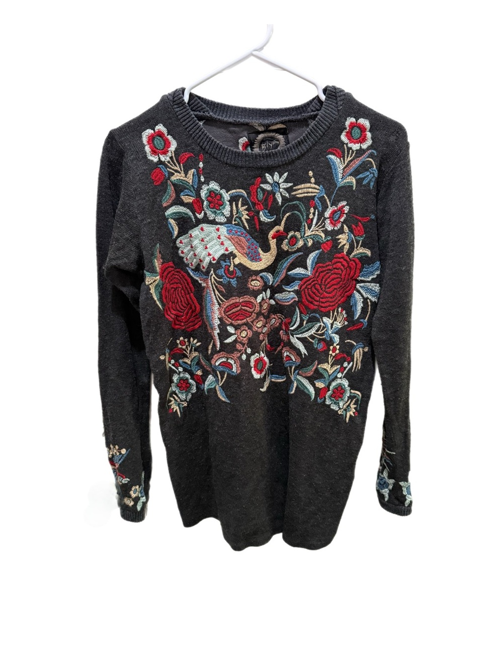 Johnny Was Embroidered Boho Peacock Sweater